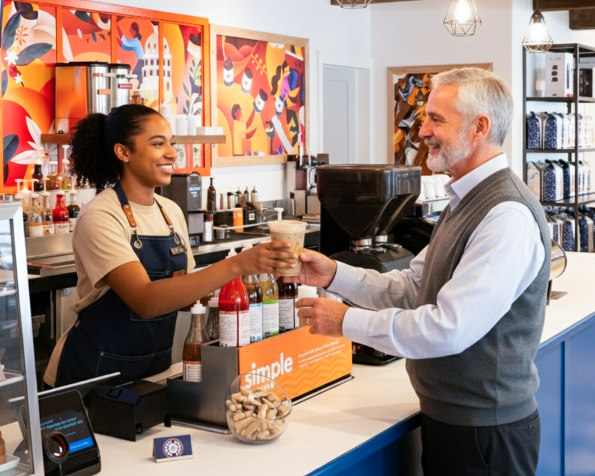 Customer receiving a coffee from a barista in a coffee shop.