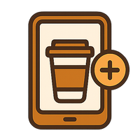 Icon of a smartphone with a coffee cup and a plus sign on a beige background