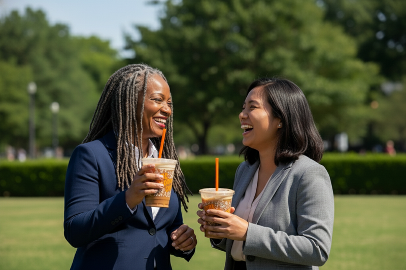 Two women enjoying drinks outdoors with a park setting in the background