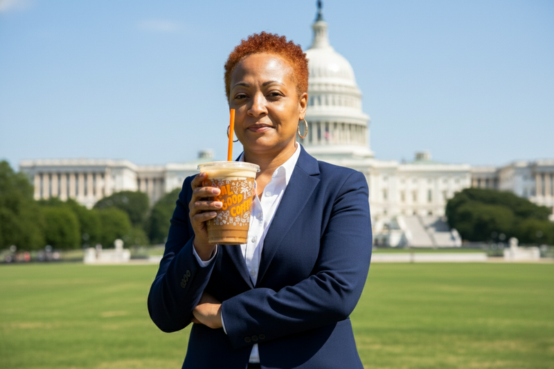 Person holding a drink with a straw in front of the U.S. Capitol building