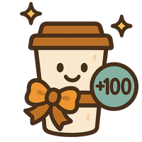 Cartoon coffee cup with a bow tie and '100' badge on a white background