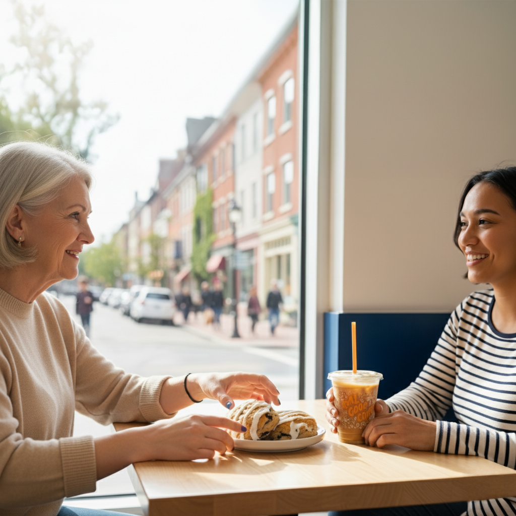 Two women sitting at a table in a cafe, enjoying food and drinks.