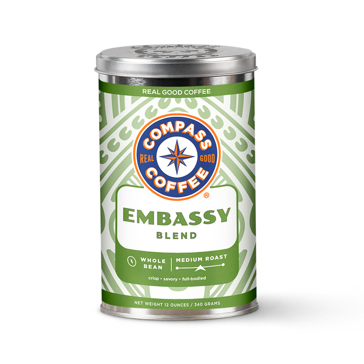 Compass Coffee Embassy blend medium roast 12 oz tin
